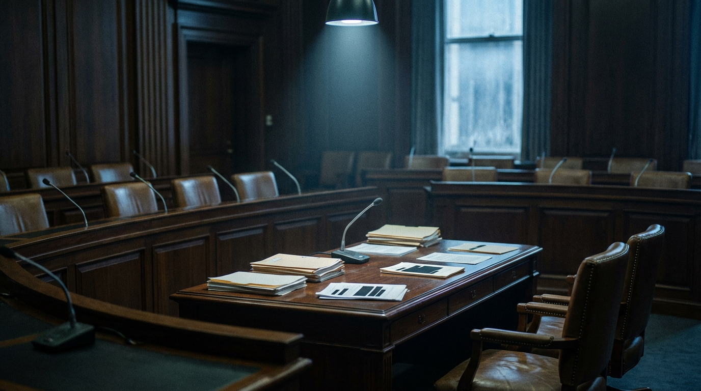 An empty congressional hearing room with documents and redacted papers on the witness table