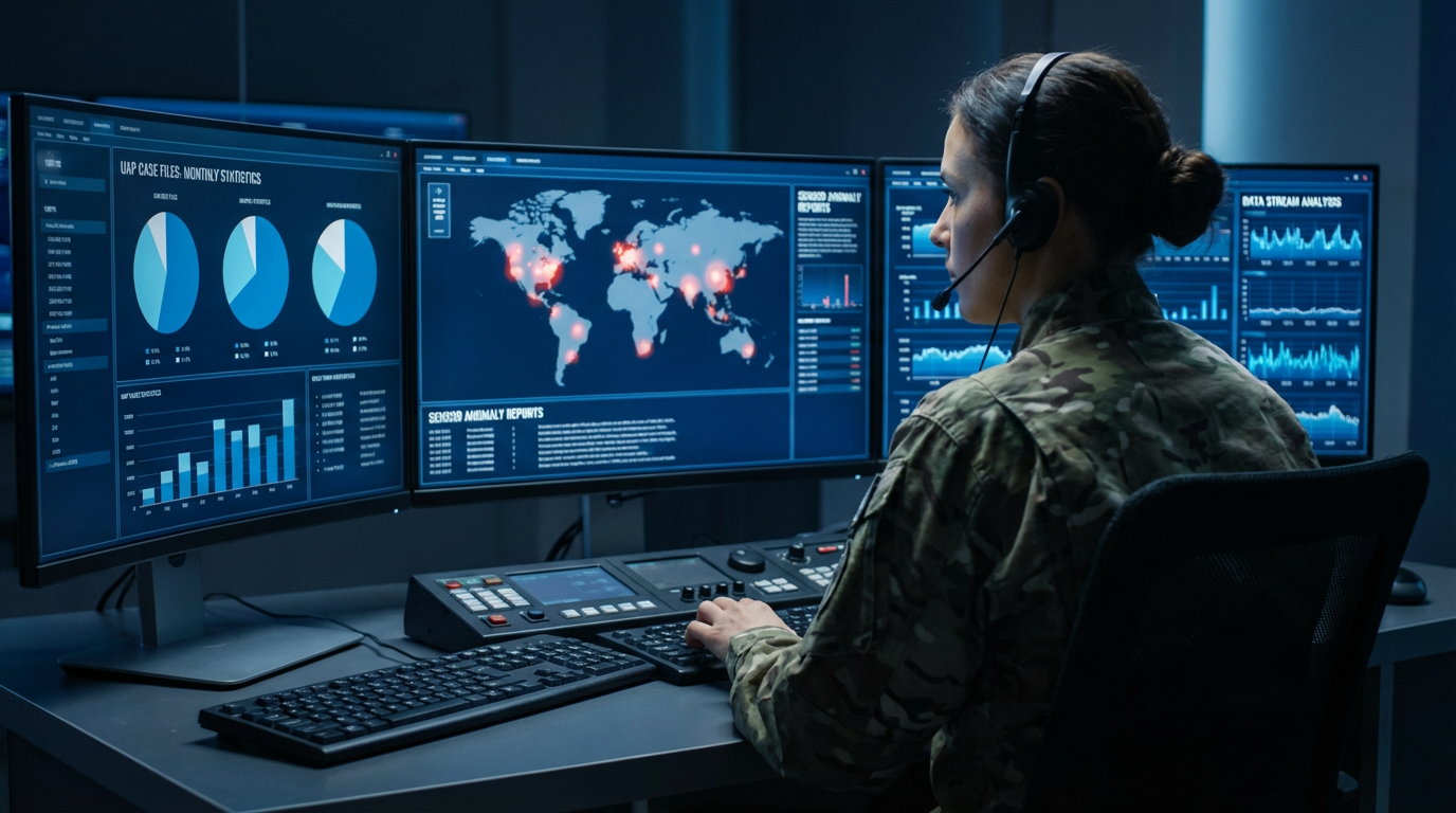 A military analyst reviews UAP case data across multiple screens showing global hotspot maps and statistics