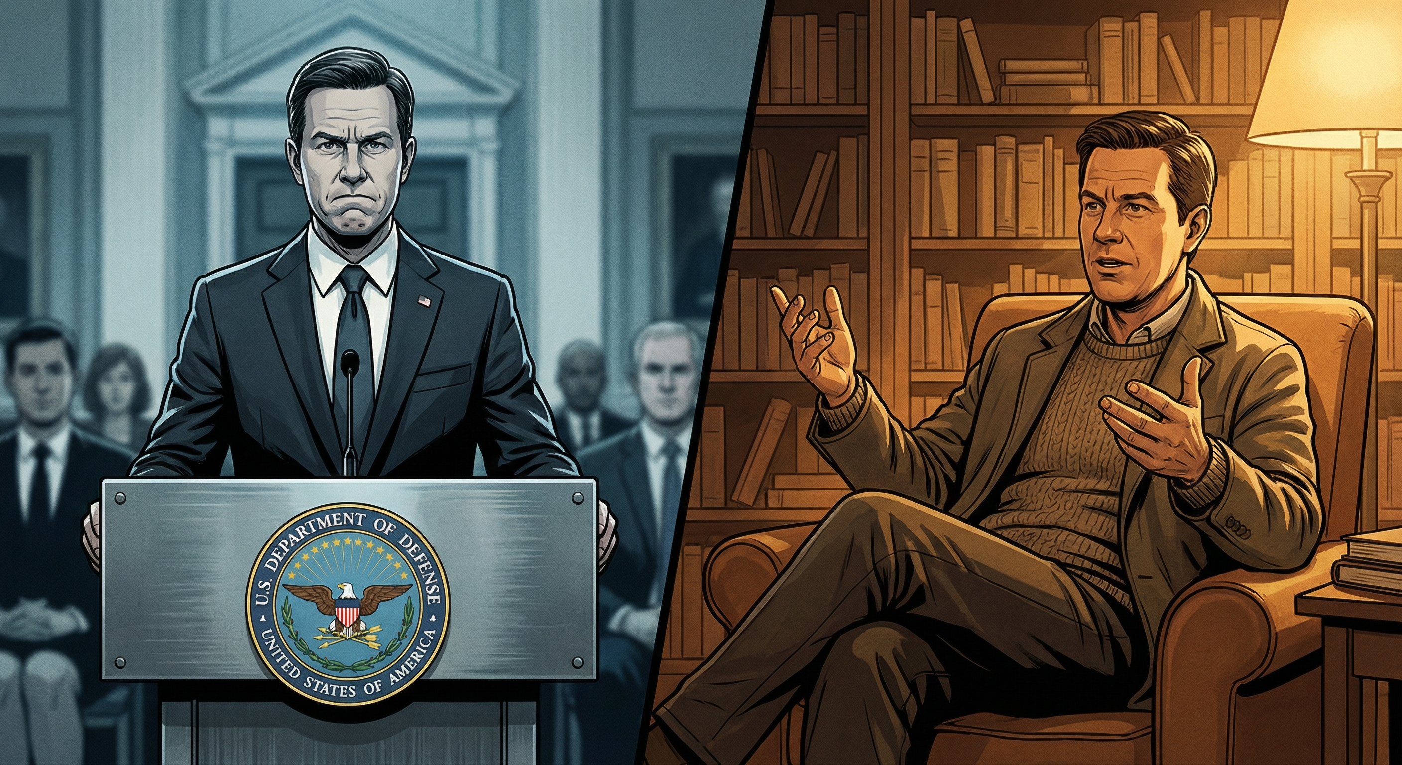Split illustration showing a government official silent at a Pentagon podium on the left, and the same official speaking openly in a civilian setting on the right