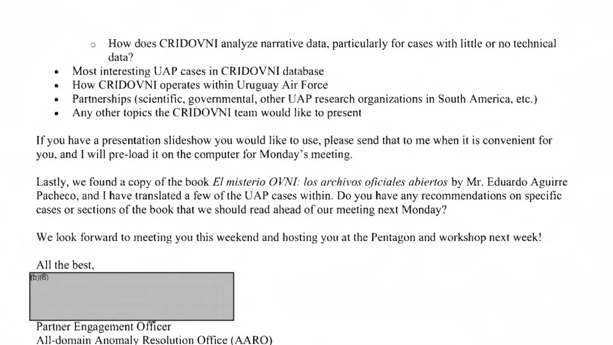 AARO list of questions for Uruguay's CRIDOVNI on investigative process, narrative analysis, and notable cases