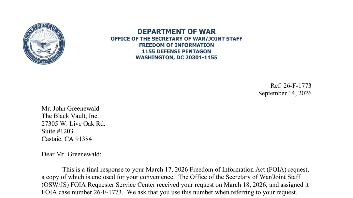 Department of War FOIA response letter dated September 14, 2026, case 26-F-1773, to John Greenewald on AARO workshop records