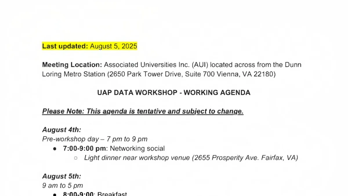 August 5, 2025 AARO UAP data workshop working agenda naming location, opening speakers, and the Powell–Kosloski keynote