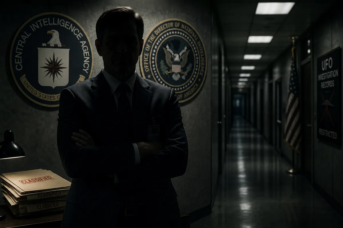 A shadowed figure in a government corridor with CIA and ODNI seals on the wall