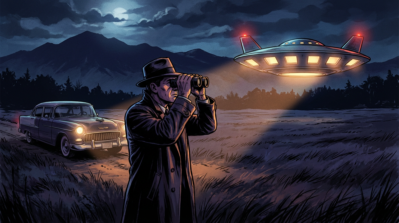 Illustration of Barney Hill observing a low-hovering craft with binoculars on a dark New Hampshire road, 1961