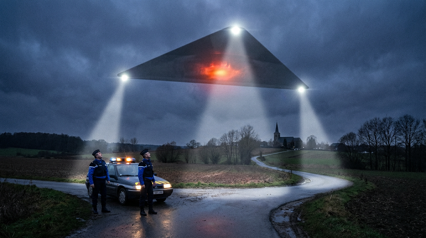 Illustration of a massive dark triangular craft with bright white corner lights and a glowing red-orange center hovering over Belgian countryside at dusk, with two gendarmes looking up from beside their patrol car
