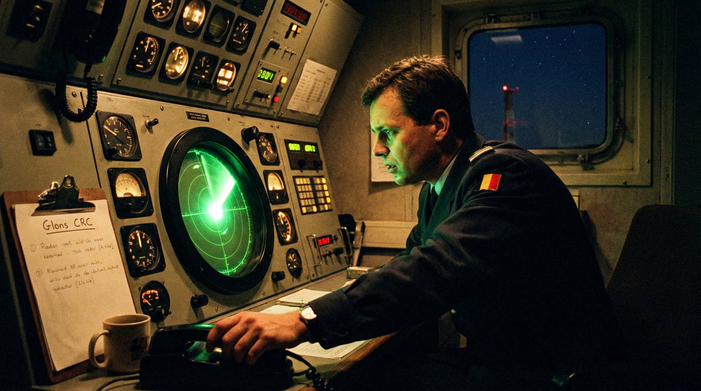 Illustration of a Belgian Air Force radar control room at night with an operator watching an unidentified blip on a green-phosphor radar display
