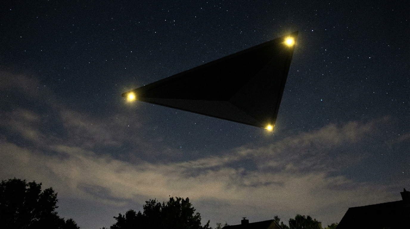 Illustration of a black triangular craft with yellow lights at each corner, based on the March 2025 Manitowoc witness report
