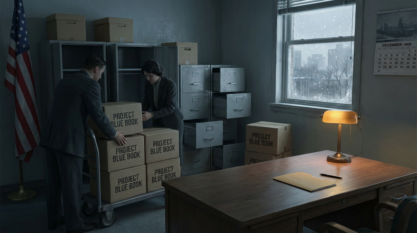 Illustration of Blue Book files being boxed up in a sparse military office in December 1969 — open filing cabinets, cardboard boxes labeled PROJECT BLUE BOOK on a dolly, a cleared desk, winter visible through the window