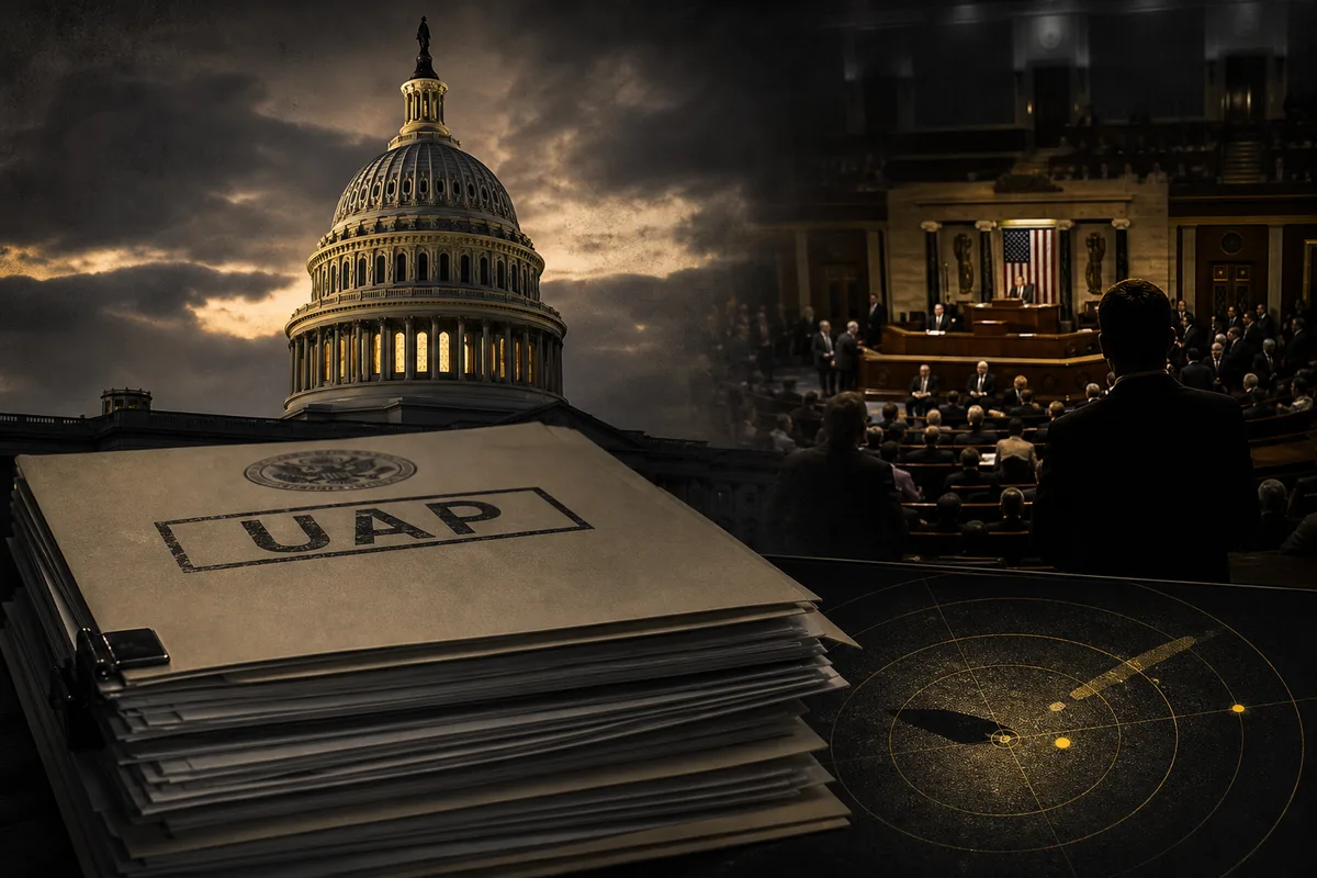US Capitol at dusk with legislative documents stamped UAP