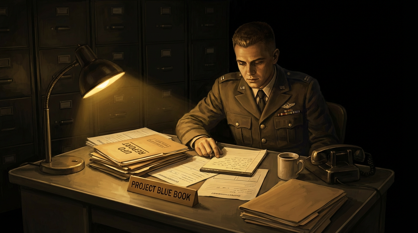 Illustration of Captain Ruppelt working alone at night at his desk in the Project Blue Book office, surrounded by case files and filing cabinets