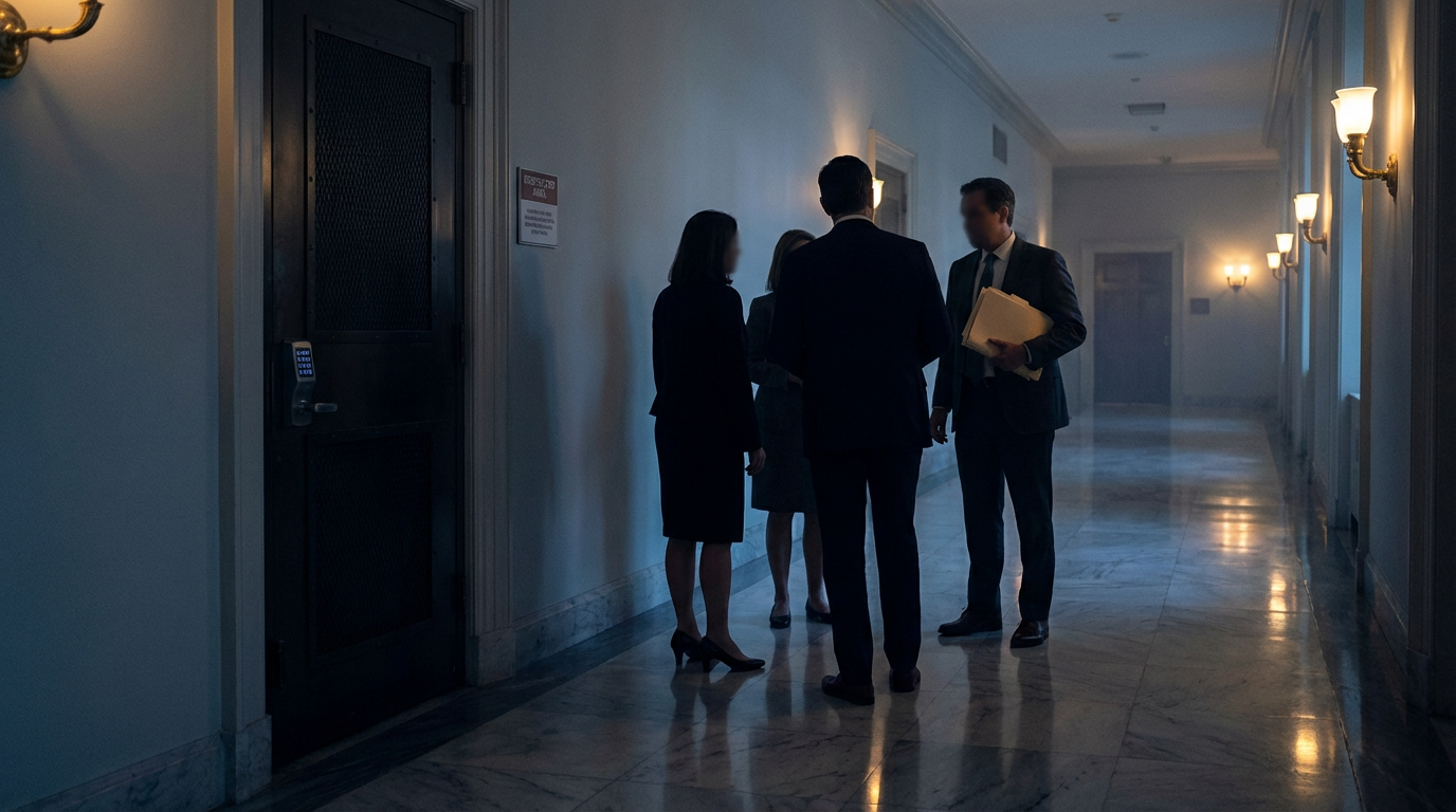 Silhouetted congressional figures gathered outside a secure SCIF door in a dimly lit Capitol corridor