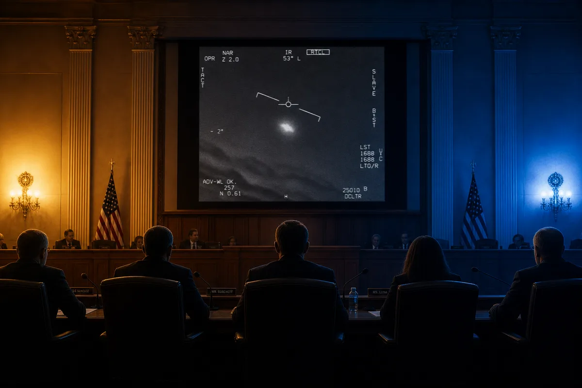 Members of Congress at a hearing with UAP imagery projected behind them