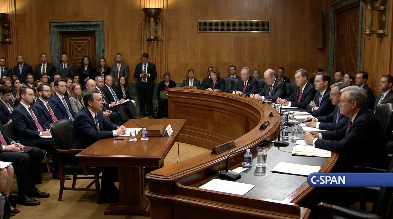 Illustration of a congressional hearing room with a former military pilot testifying before lawmakers about UAP encounters