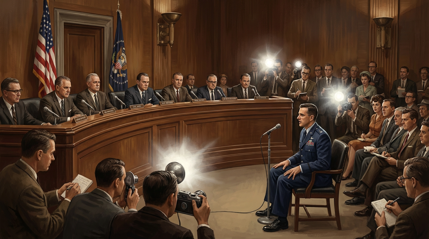 Illustration of the 1966 congressional UFO hearings — a wood-paneled room with congressmen behind an elevated panel, an Air Force officer testifying at the witness table, flashbulbs popping from press photographers