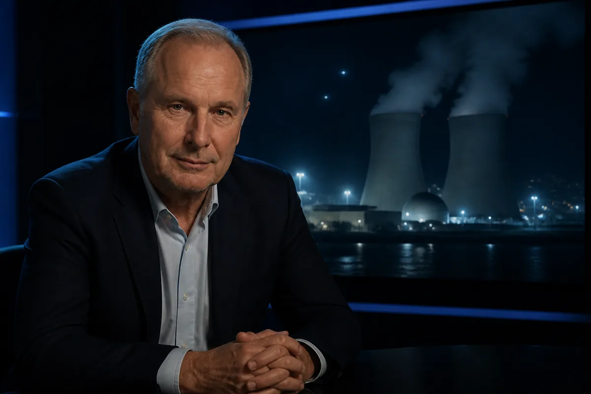 Ross Coulthart at a news desk with a nuclear power plant on the studio monitor behind him