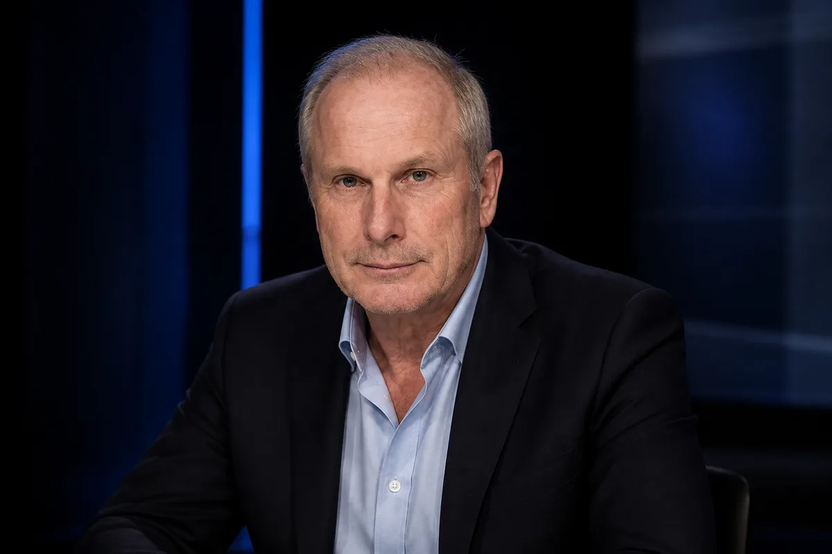 Ross Coulthart at a darkened news desk discussing UAP intercept claims