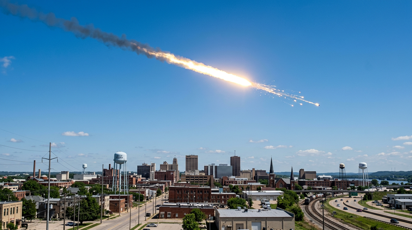 A brilliant daylight fireball streaks over a Midwestern city skyline, fragmenting as it descends