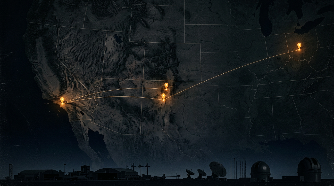 A dark map of the United States with glowing amber pins marking Albuquerque, Los Alamos, Los Angeles, and Dayton – locations connected to the defense aerospace pattern