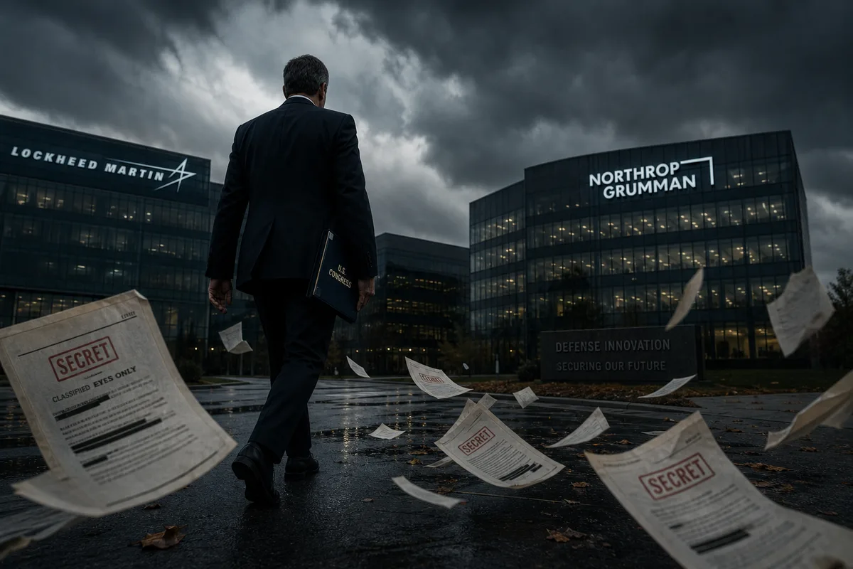A congressman walking toward Lockheed Martin and Northrop Grumman corporate buildings with classified documents scattering in the wind
