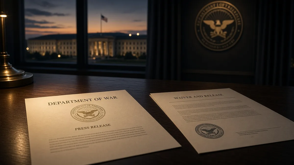 Official documents on a Pentagon conference table at dusk with the building visible through the window