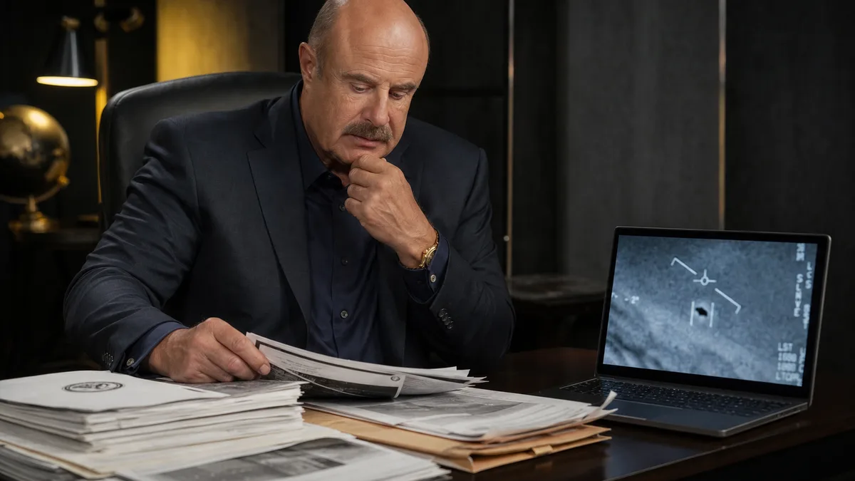 Dr. Phil McGraw reviewing declassified UFO documents and infrared footage at a desk