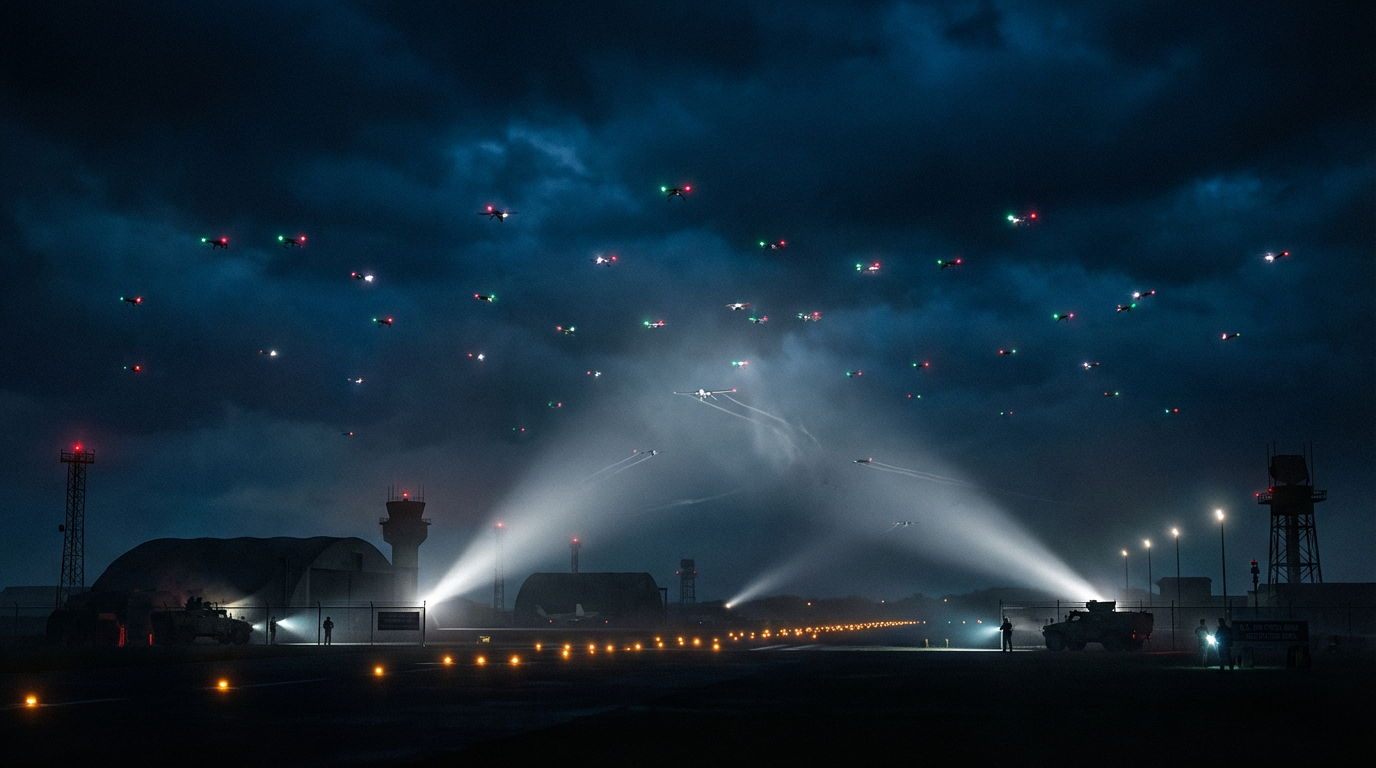 Unidentified drone swarm over a U.S. military airbase at night, with spotlights pointing upward from the runway