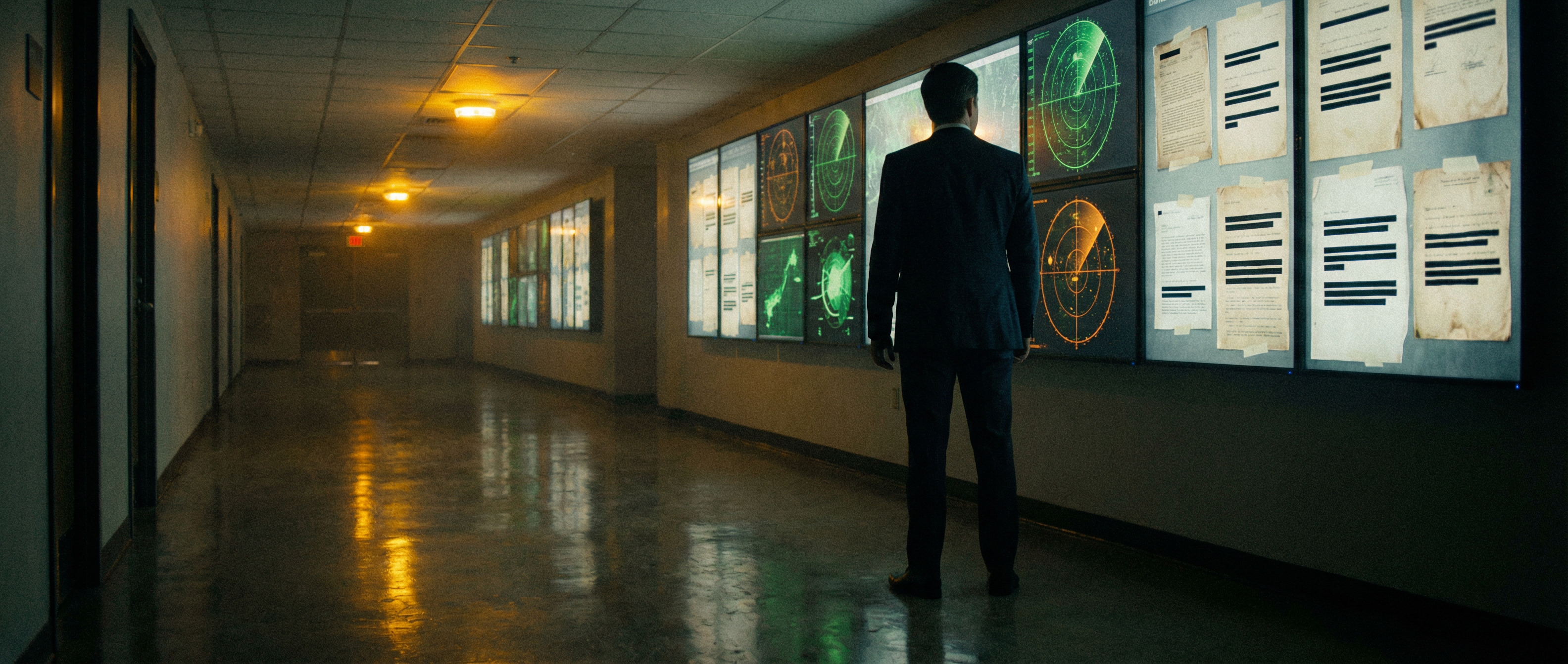 A figure in a dark suit stands in a dimly lit Pentagon corridor facing radar screens and classified documents