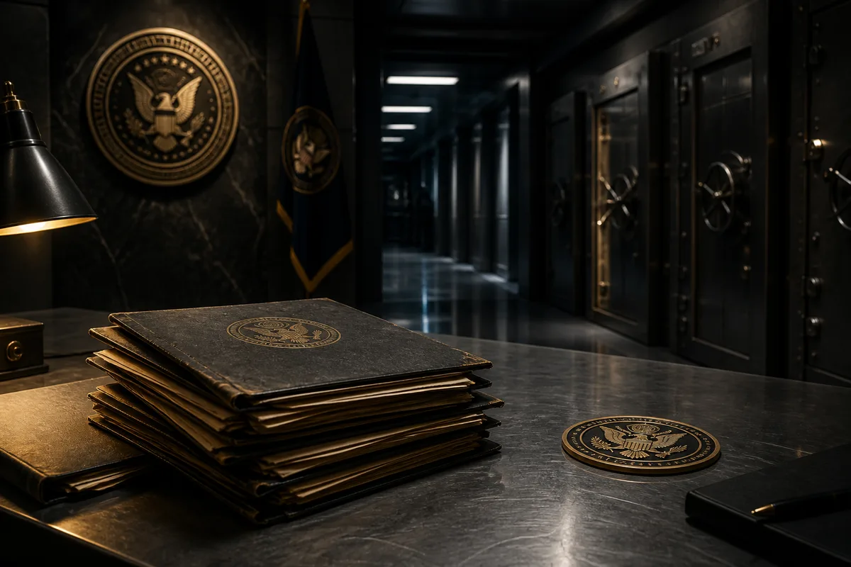 ODNI/CIA corridor with DIG UAP investigation documents on a metal table