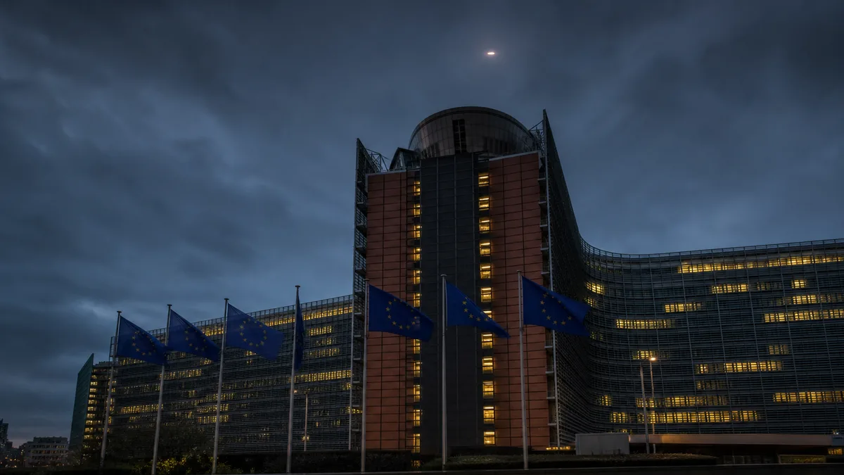 The European Commission Berlaymont building in Brussels at dusk