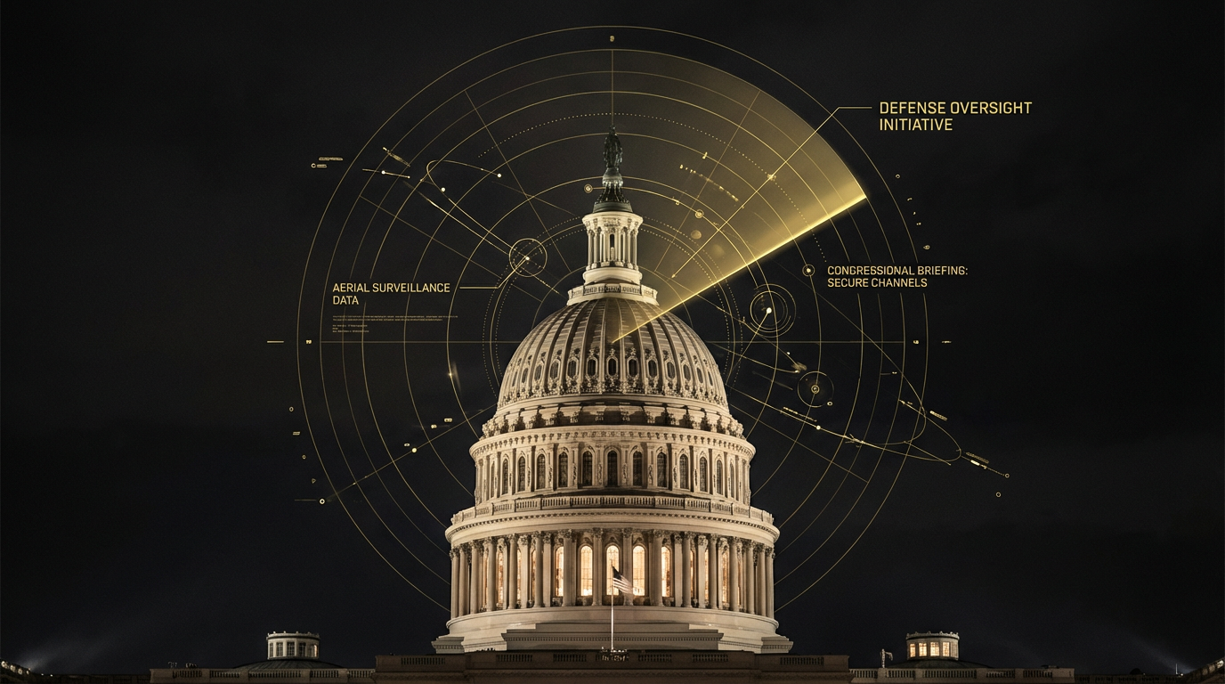 The U.S. Capitol dome at night overlaid with golden radar tracking lines and data readouts