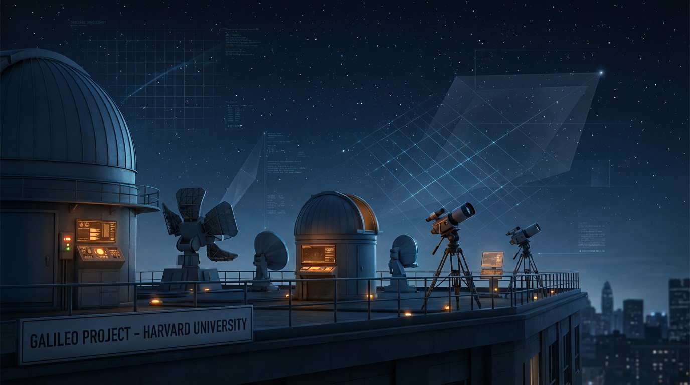 A rooftop observatory array with infrared cameras, radar dishes, and telescopes scanning a star-filled sky with data overlays