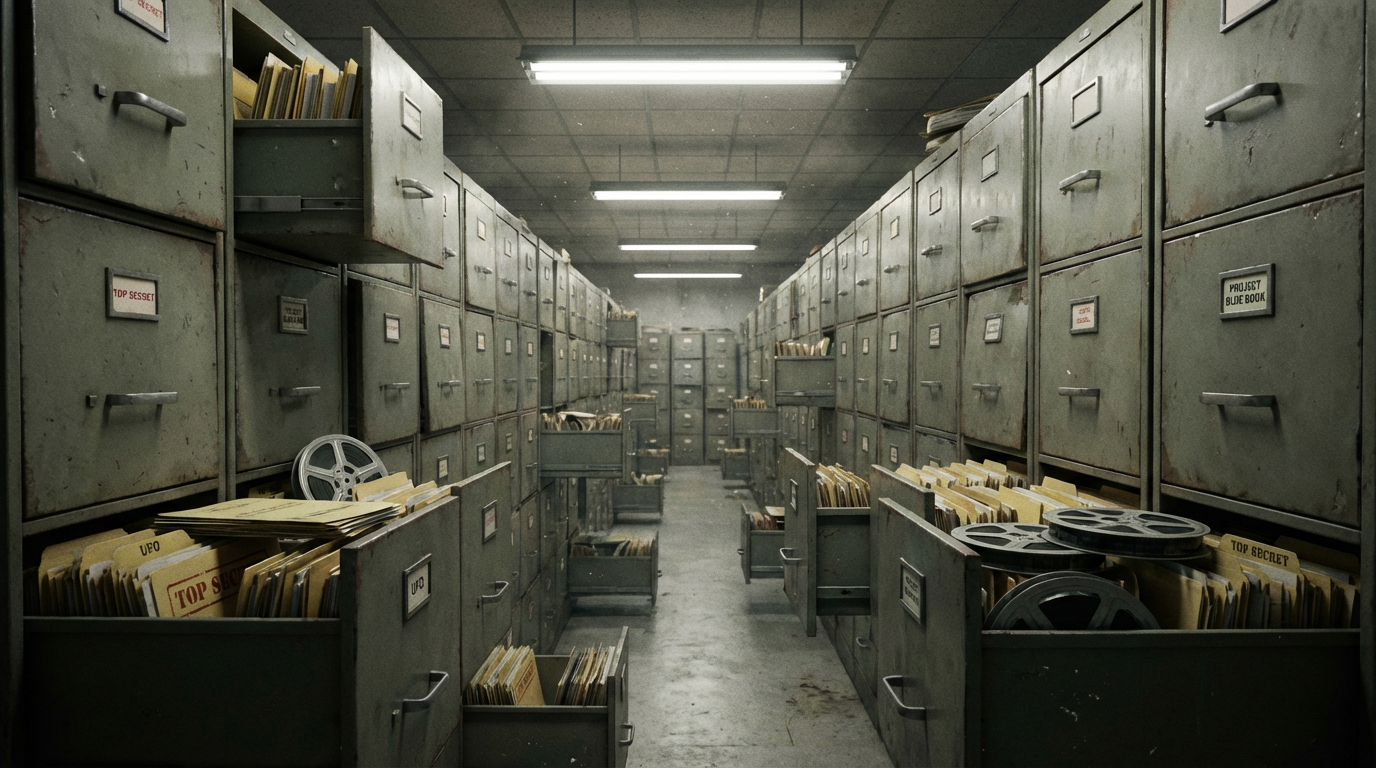 Rows of government filing cabinets in a massive archive storage room — the scale of UFO-related records awaiting potential declassification