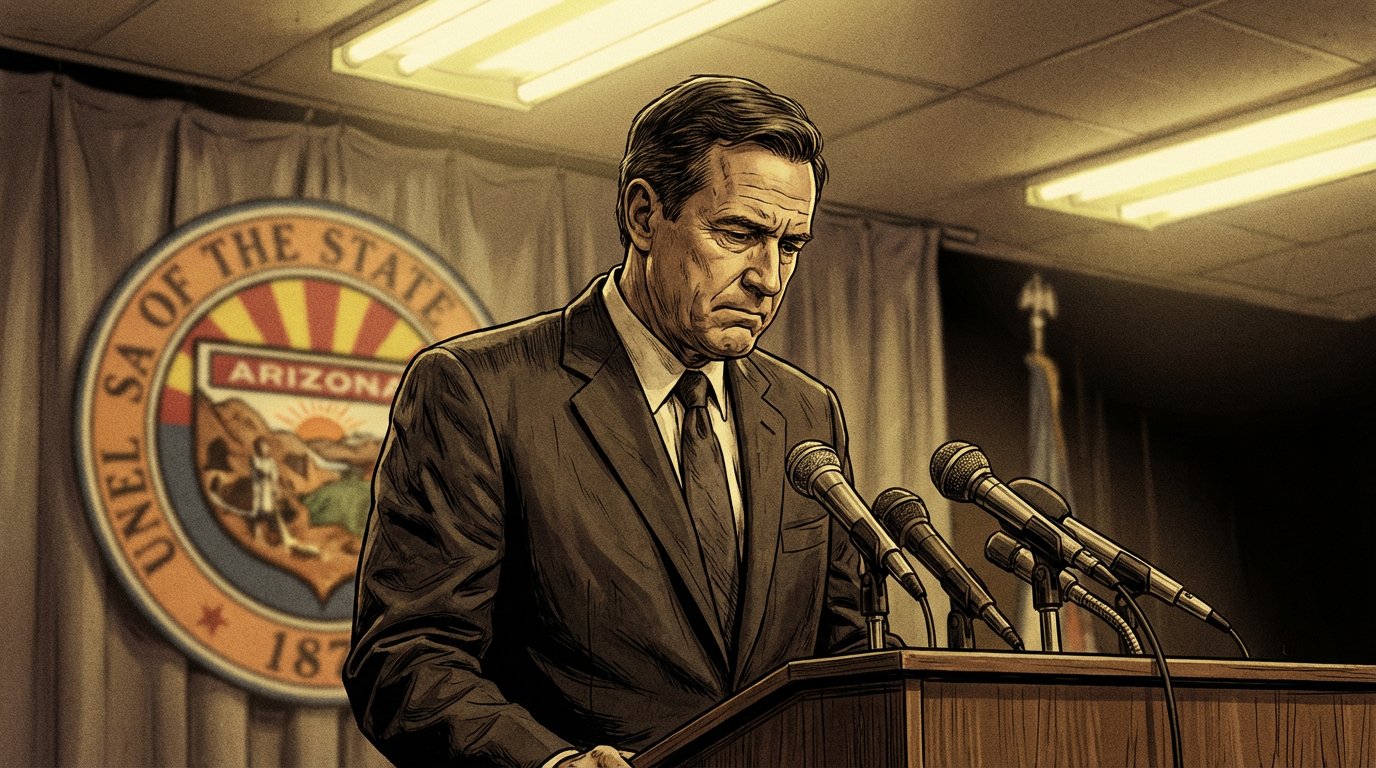 Illustration of Arizona Governor Fife Symington at a government press conference podium, looking conflicted, with the Arizona state seal behind him