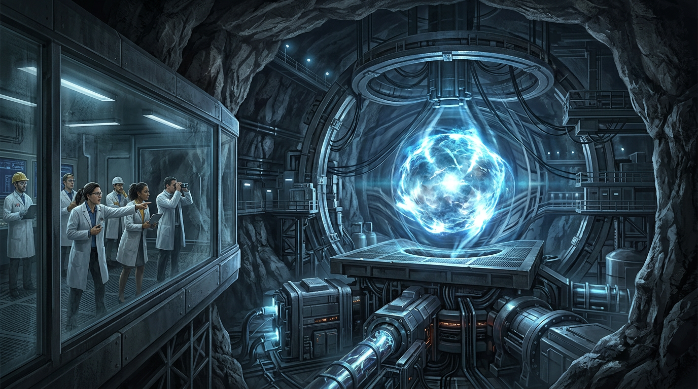 An underground physics laboratory with a sphere of distorted light floating above experimental apparatus – representing the strategic implications of gravity research