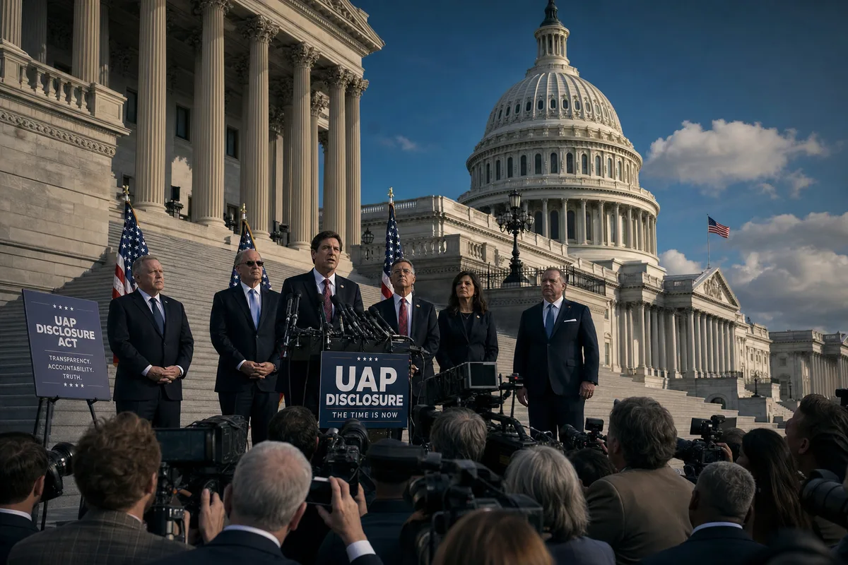UAP disclosure press conference on the steps of the U.S. Capitol, with lawmakers and advocates addressing a crowd of reporters