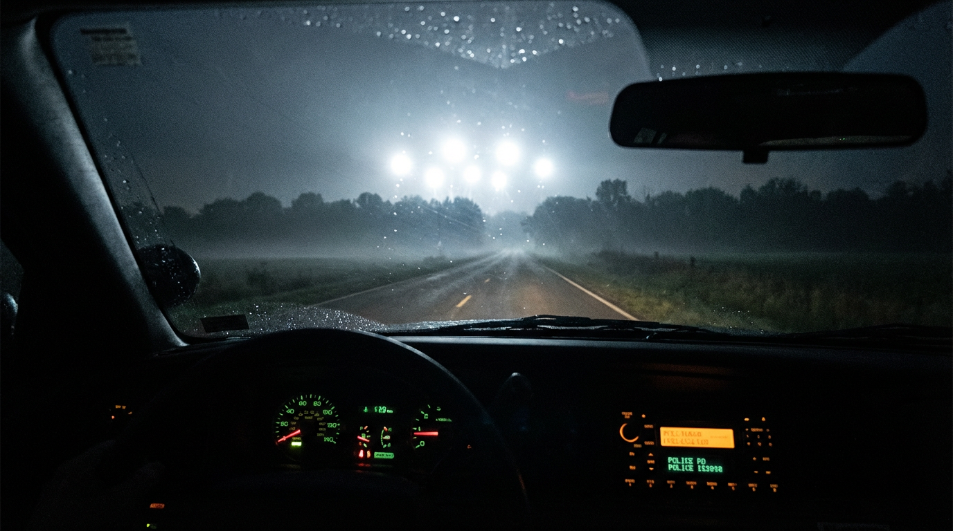 Illustration of bright lights approaching through a police car windshield on a dark rural Illinois road