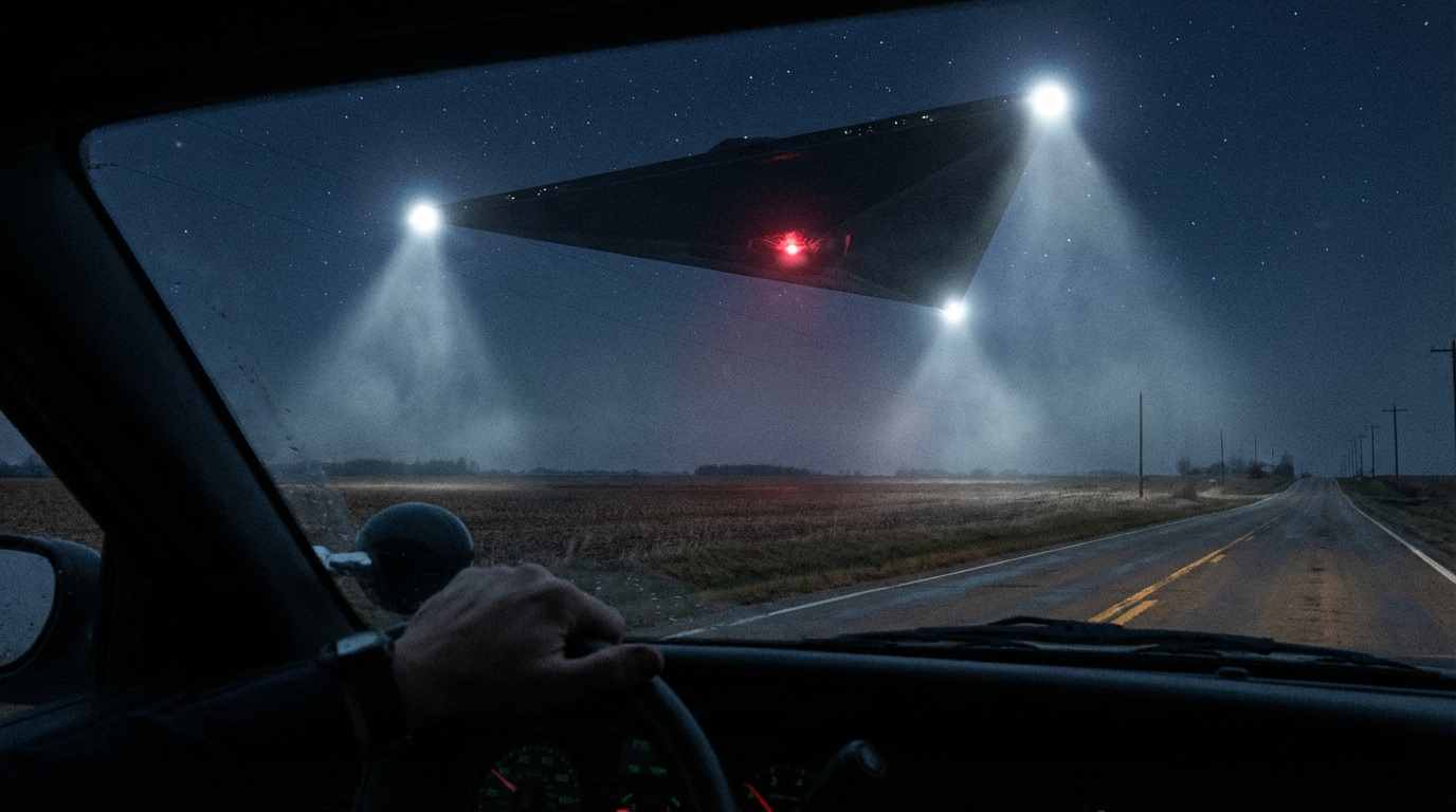 Illustration of a massive dark triangular UFO with bright white lights at its corners hovering low over Illinois farmland at night, viewed from a police cruiser
