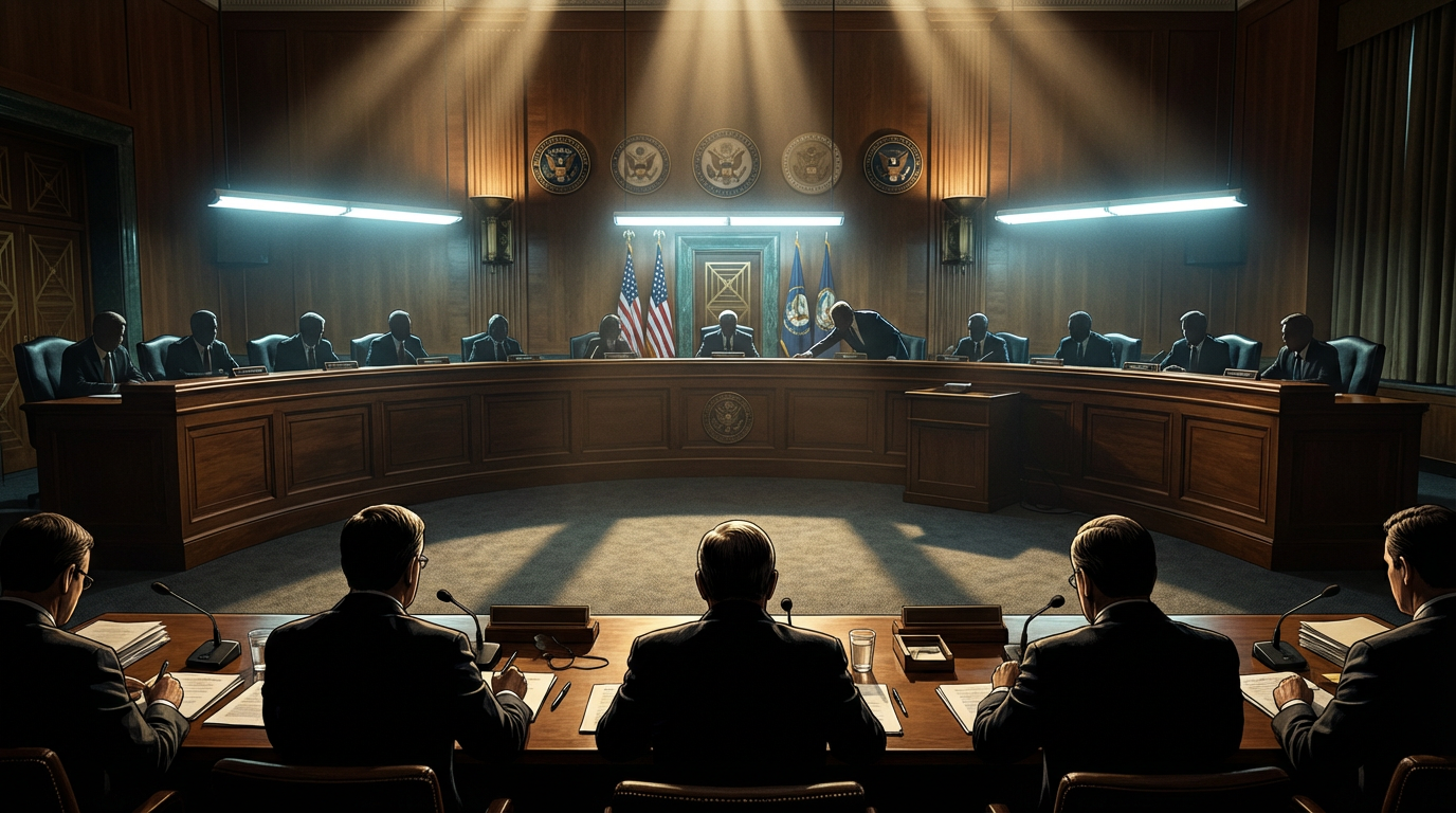 Illustration of a Congressional hearing room during the November 2024 UAP oversight session