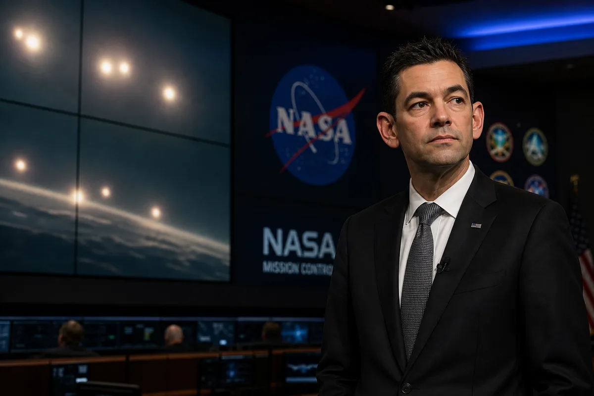 NASA Administrator Jared Isaacman in a briefing room with monitors showing unexplained aerial objects