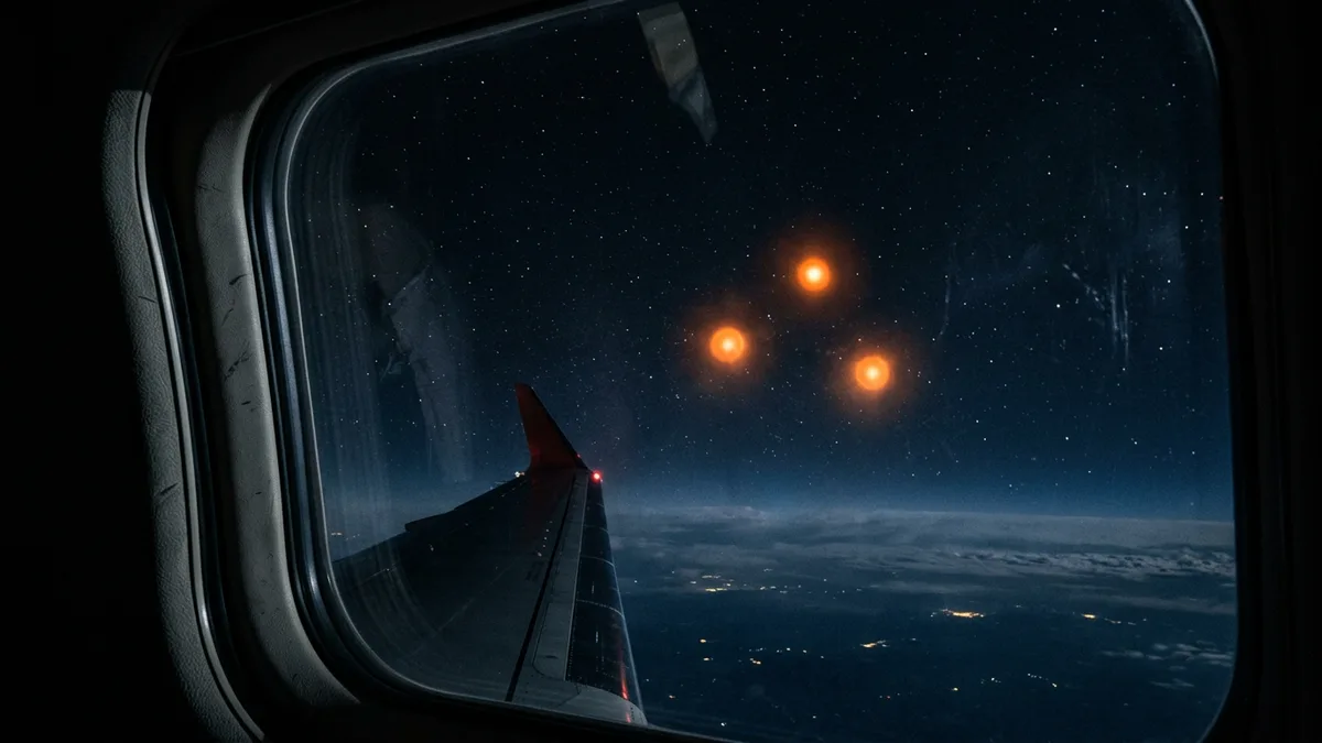 Tres orbes naranjas vistos a través de una ventana de aeronave a gran altitud