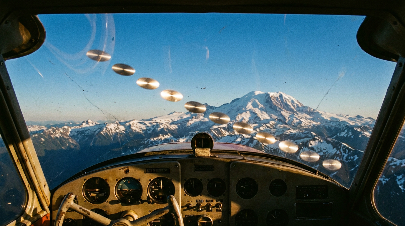 View from inside a small aircraft cockpit showing nine bright disc-shaped objects in diagonal formation near snow-capped Mount Rainier