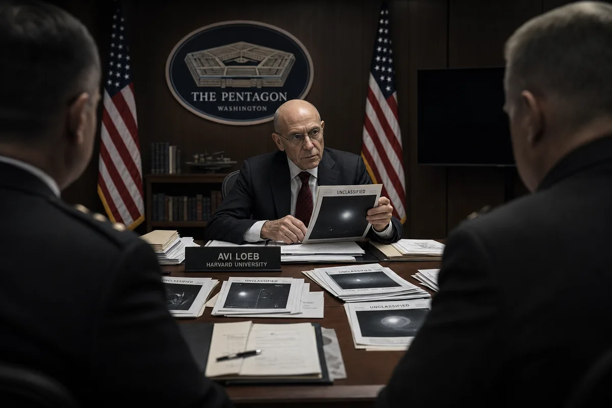 Avi Loeb seated at a Pentagon conference table reviewing declassified UAP documents with military officials