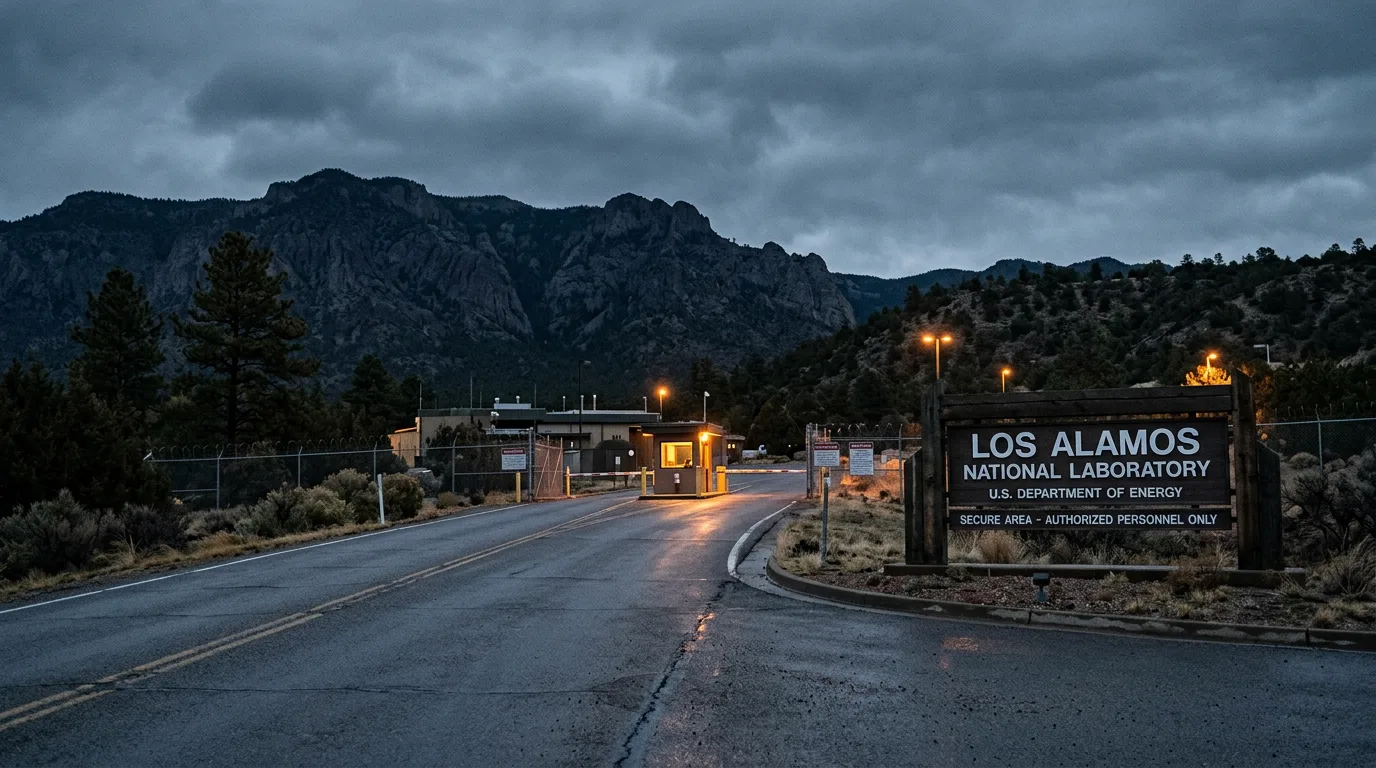 La entrada al Laboratorio Nacional de Los Álamos al atardecer – una de varias instalaciones aeroespaciales de defensa conectadas al patrón