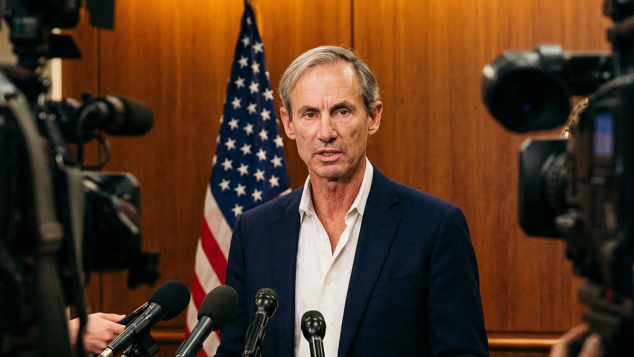 A former defense official standing at a podium with classified documents and the U.S. Capitol visible through the window behind him