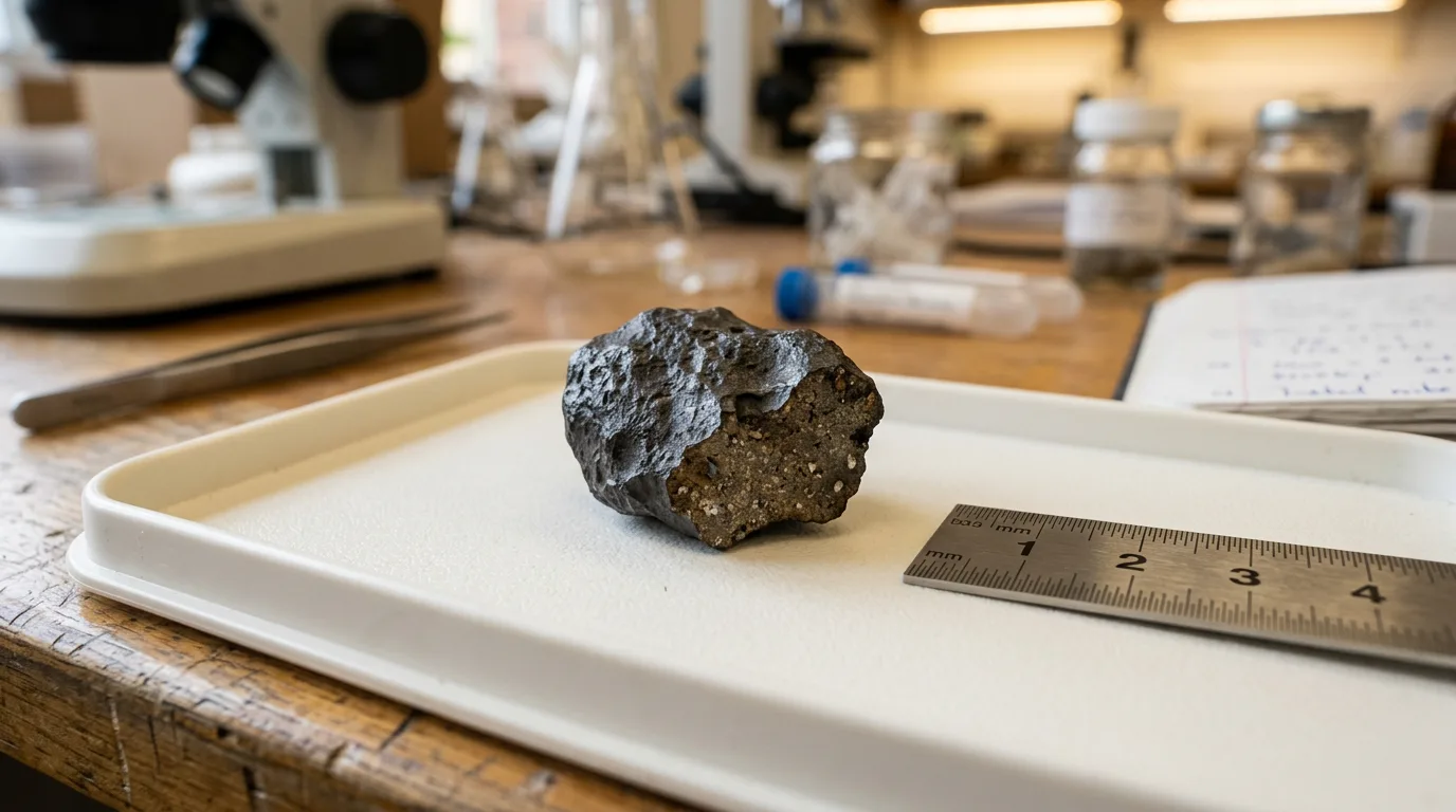 Un fragmento de meteorito recuperado en una bandeja de examen de laboratorio, mostrando una corteza de fusión oscura y un interior más claro