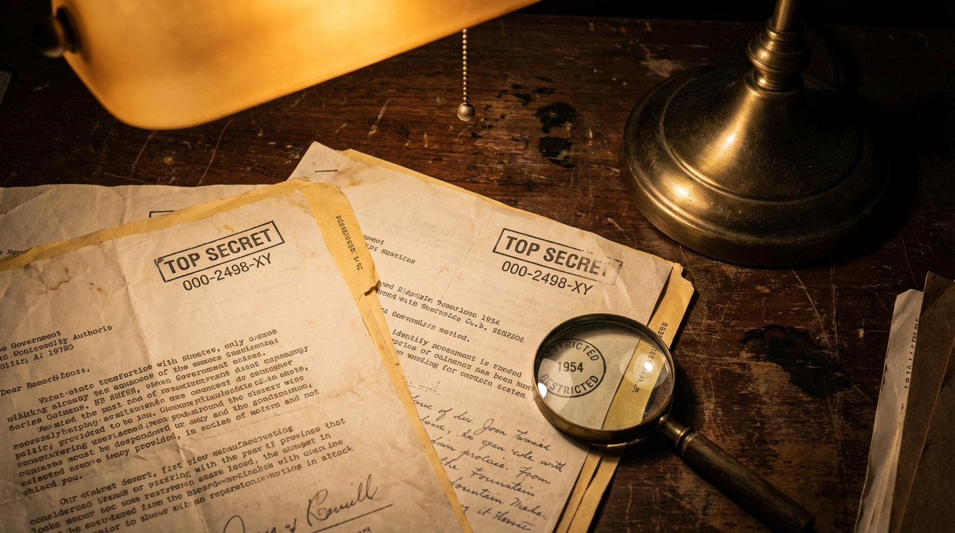 Aged classified government documents with TOP SECRET stamps and identification numbers on a dark desk under lamp light
