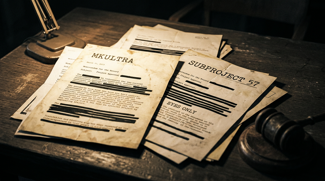Declassified MK Ultra documents with heavy redaction bars spread across a desk under a single lamp