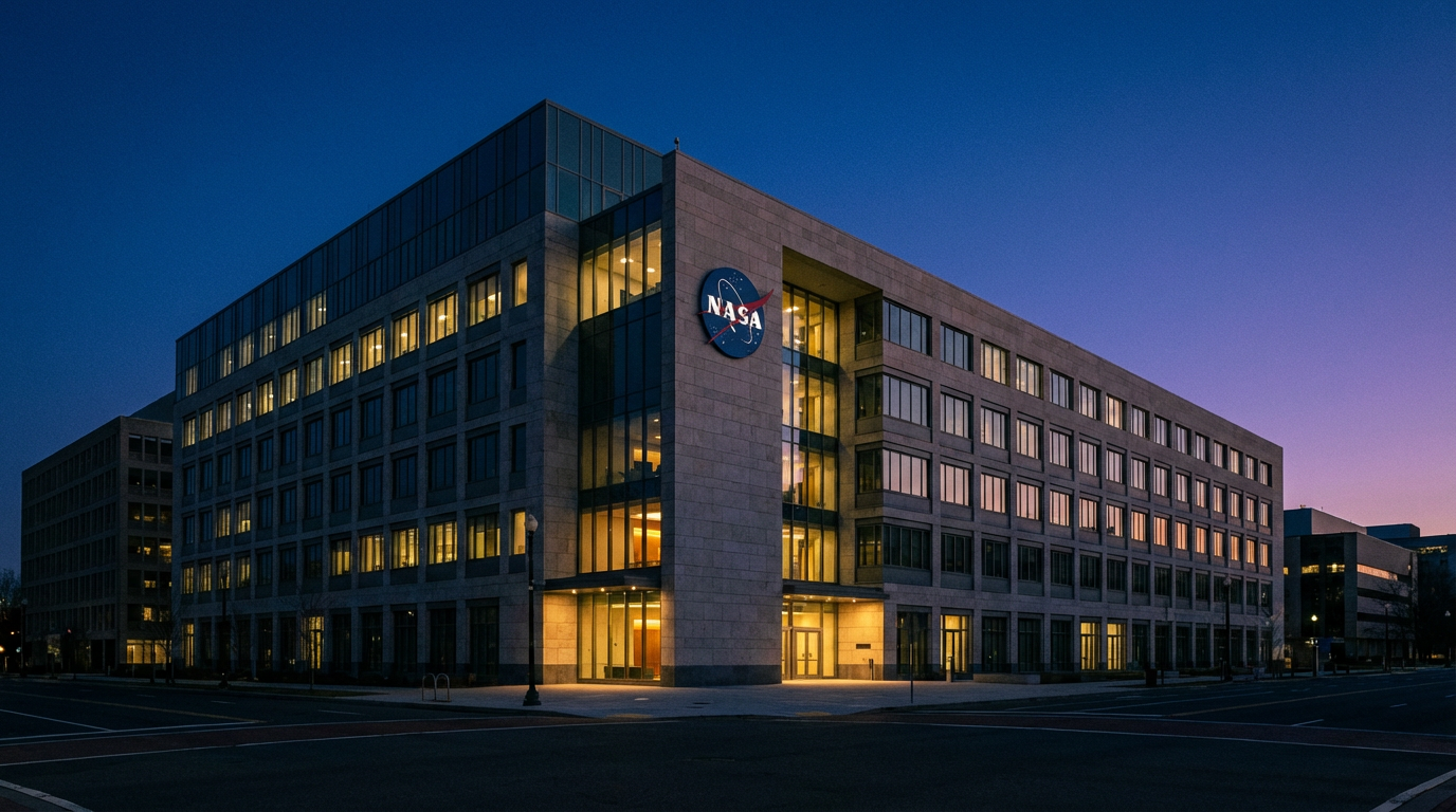 NASA headquarters building at dusk, its windows glowing with warm interior light against a deep blue twilight sky