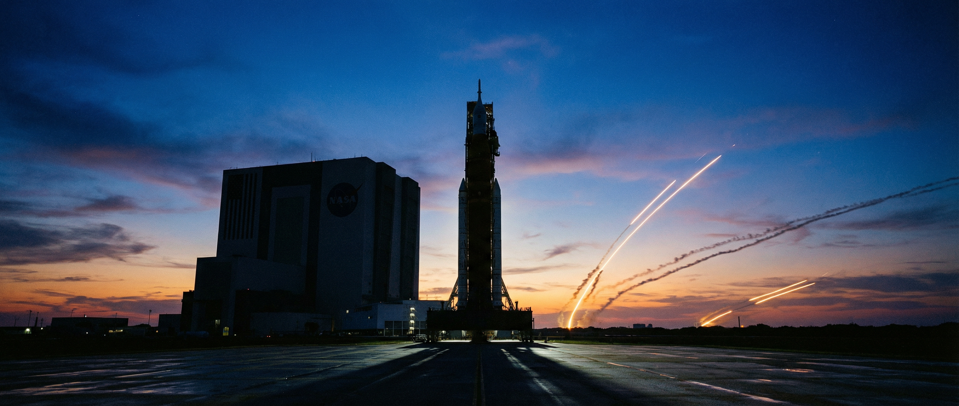 NASA's SLS rocket standing alone on the launch pad at twilight while commercial rocket streaks light up the distant sky