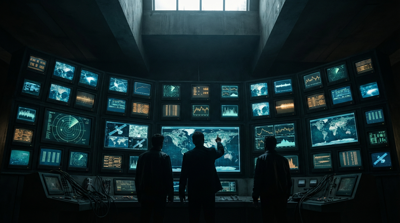Silhouetted analysts studying radar, satellite, and atmospheric data on a wall of monitors in a darkened operations center